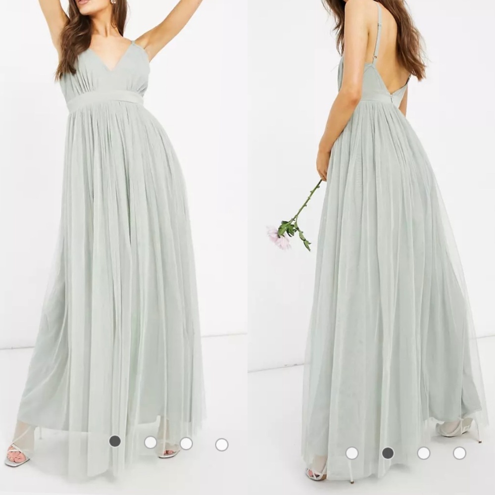 Anaya With Love Women's Tulle Bridesmaid Maxi Dress Size 2 Plunge Front Sage NWT